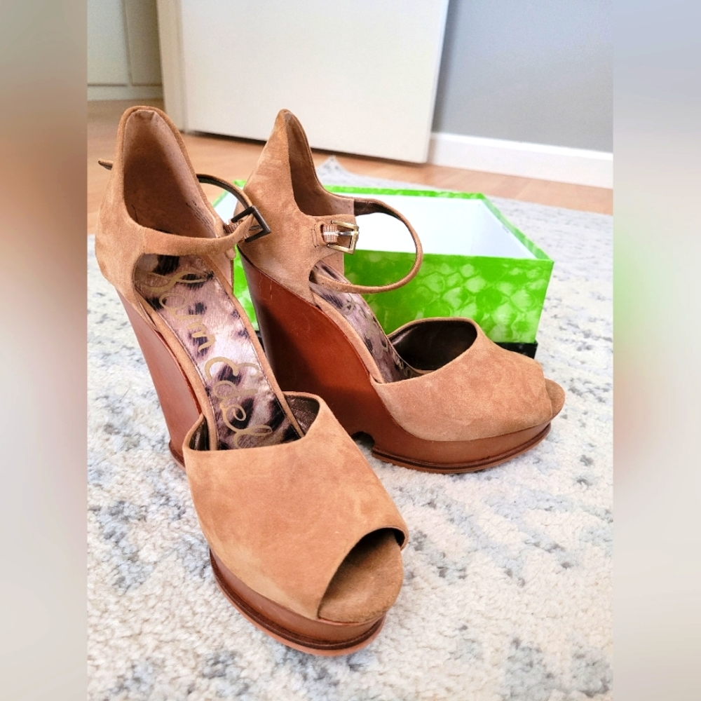 Sam Edelman Tan Suede Peep-Toe Wedge Sandals